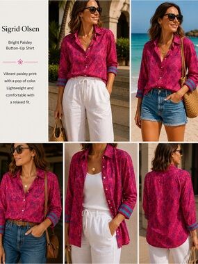 Sigrid Olsen Fuchsia Paisley Button-Down Shirt
